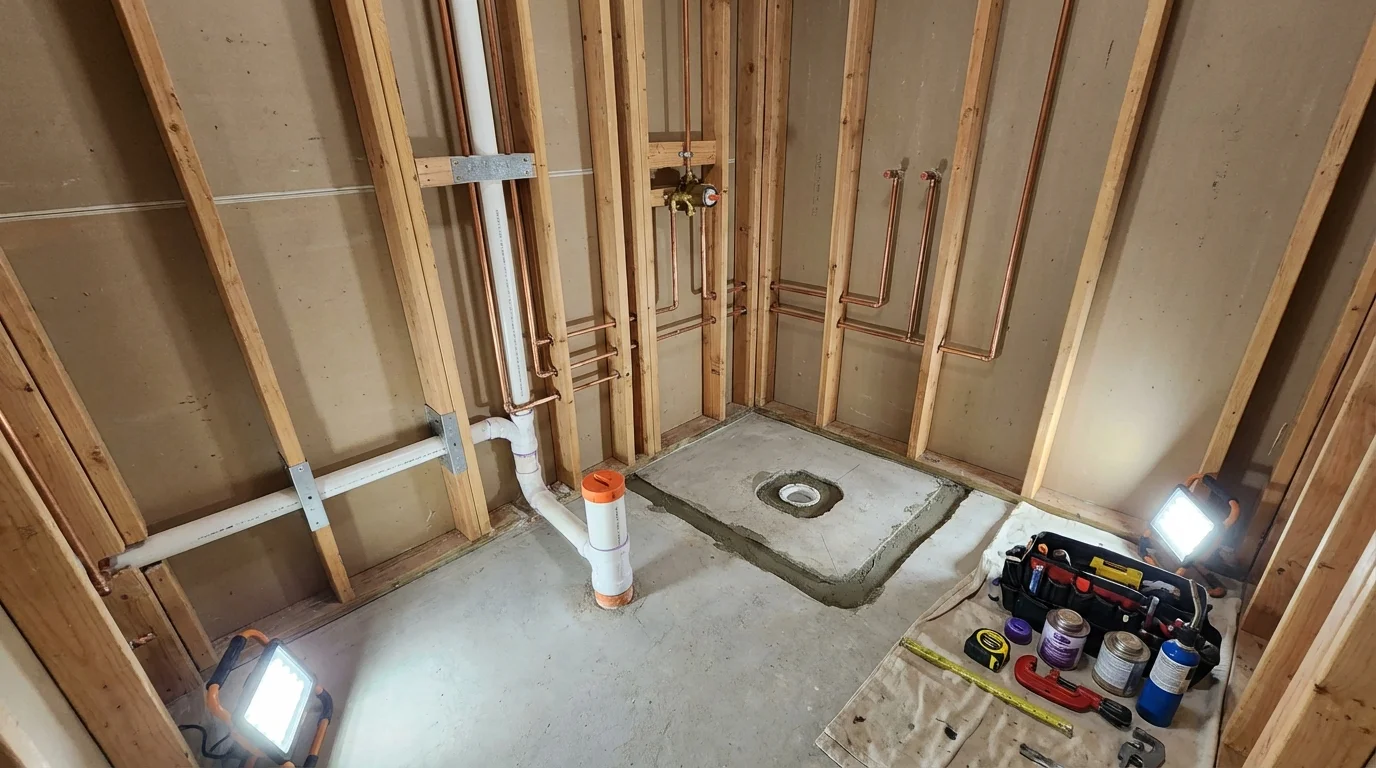 Bathroom rough-in plumbing during remodel by Johns Plumbing LLC in Pemberton