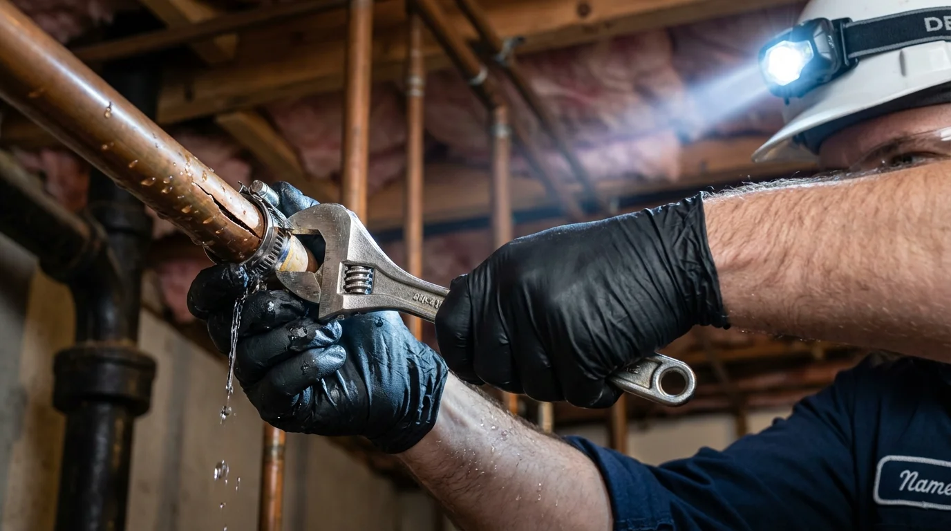 Emergency pipe clamp repair being performed by a Johns Plumbing LLC plumber in Pemberton