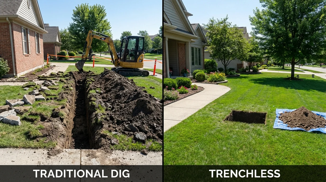 Trenchless sewer repair with minimal yard damage versus traditional excavation in Pemberton, NJ