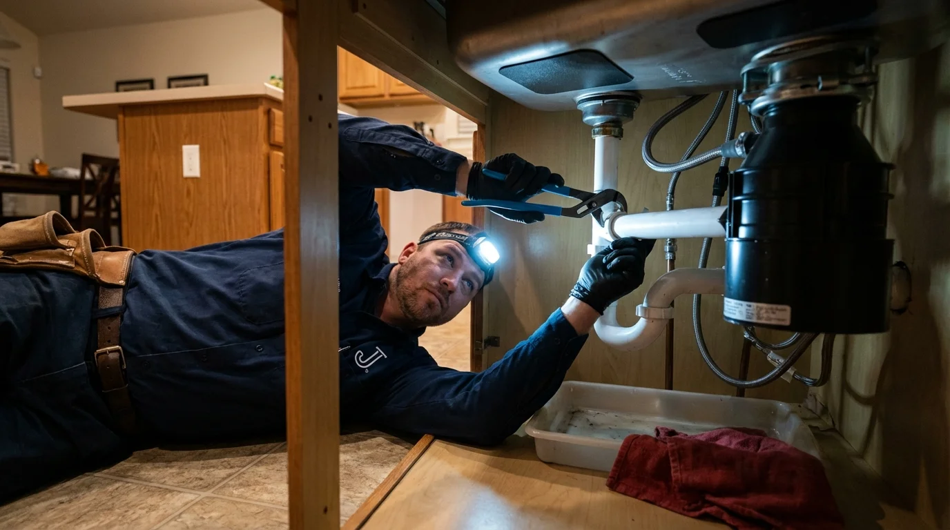 P-trap and supply line connections under a kitchen sink showing a common leak point in Pemberton, NJ